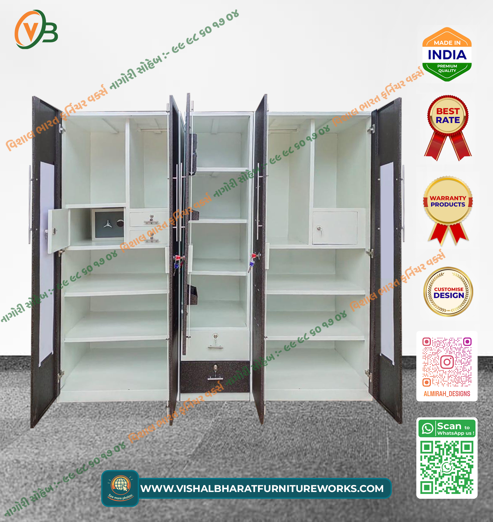 Custom 5-Door Steel Almirah with Crocodile Print Finish, Mirror & Dual Safes - Image 2