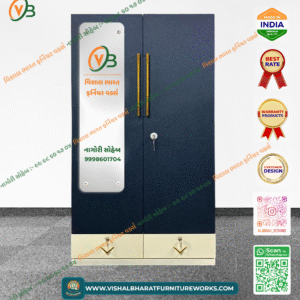 Contrast 2-Door Steel Almirah (Dark Blue) with White Base Drawers & Internal Safe