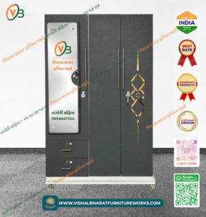 High-Capacity 3-Door Steel Almirah (Dark Grey) with Textured Finish & Triple-Zone Storage