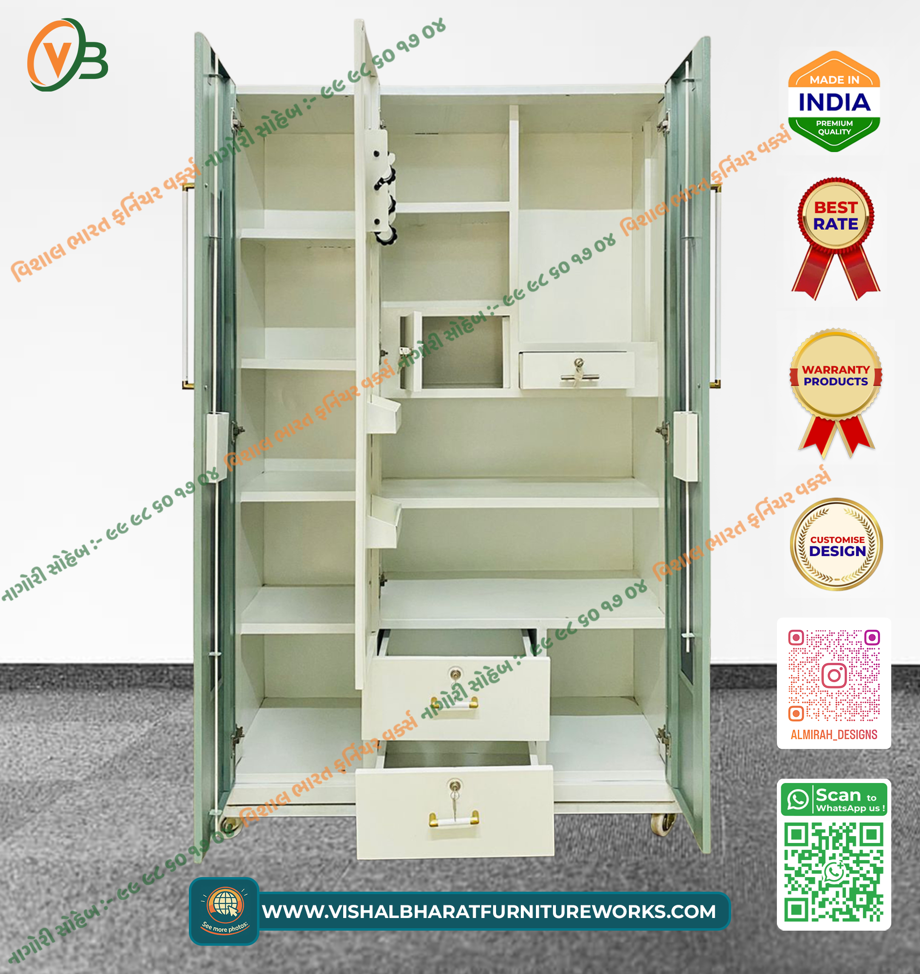 Family 3-Door Steel Almirah (Mehndi Green) with External Drawers & Dedicated Safe - Image 2