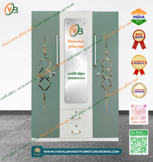 Designer 3-Door Steel Almirah (Patterned Mehndi Green) with External Drawers & Safe